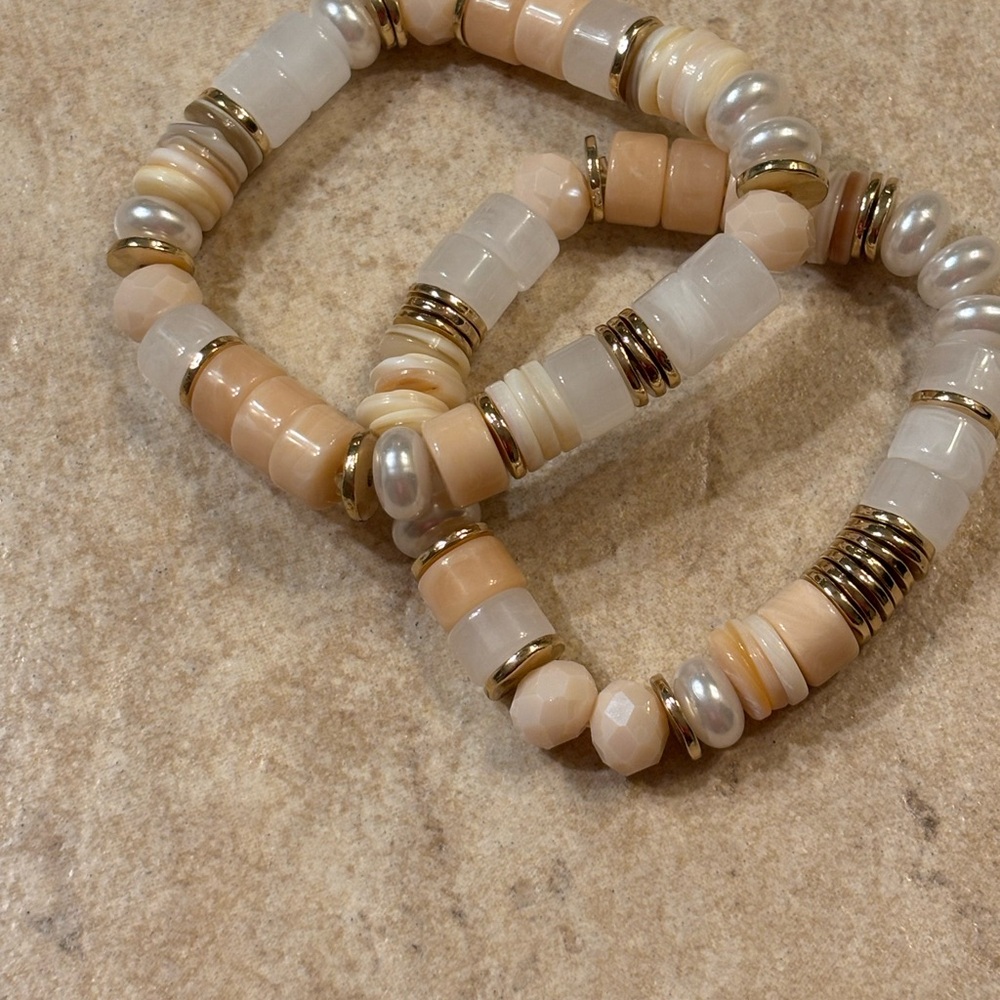 Beaded Bracelet Set in Cream, peach, and Gold